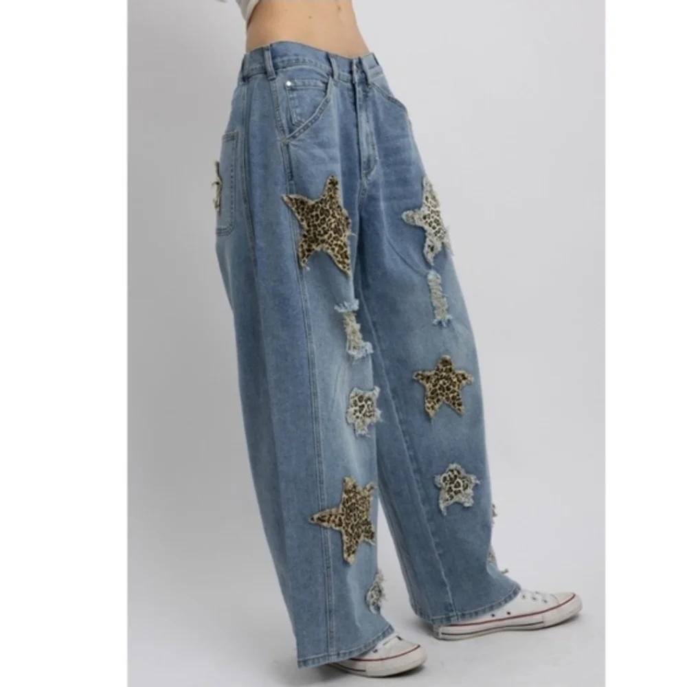 Blue Velvet Leopard Star Patch Wide-Leg Jeans
